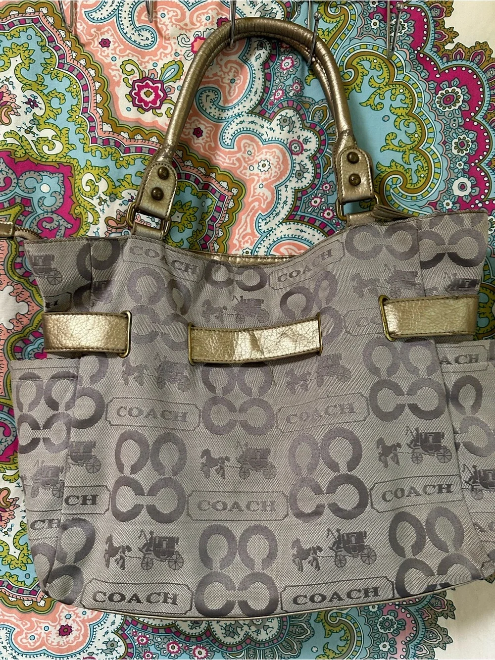 Coach Taupe Signature Tote with Metallic Gold Bow Accents
